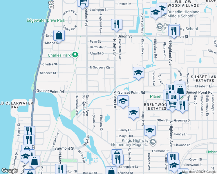 map of restaurants, bars, coffee shops, grocery stores, and more near 1918 Macomber Avenue in Clearwater