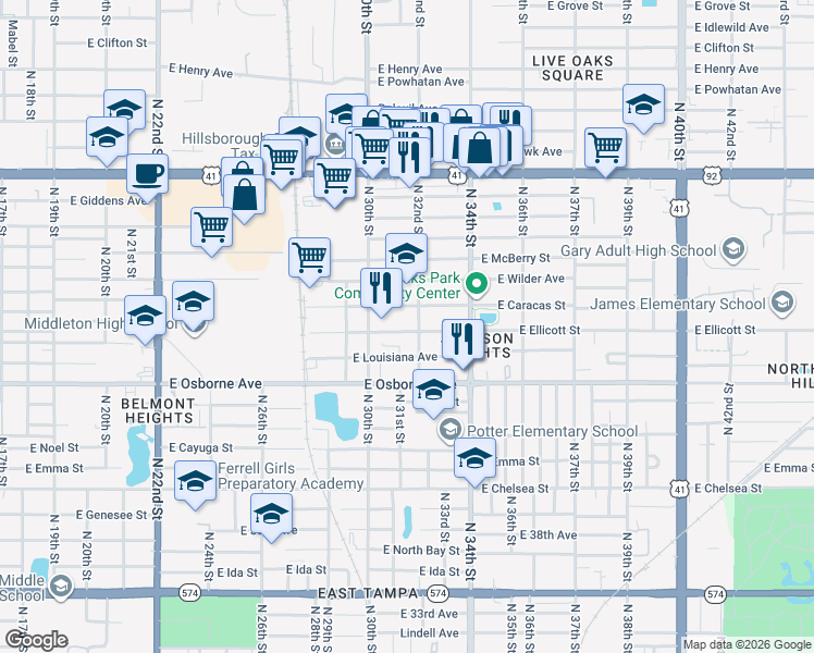map of restaurants, bars, coffee shops, grocery stores, and more near 3104 East Caracas Street in Tampa