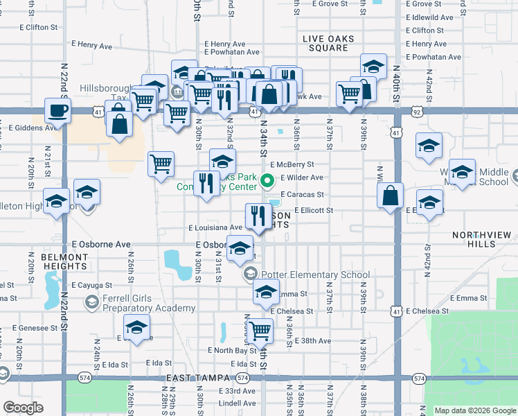 map of restaurants, bars, coffee shops, grocery stores, and more near 5021 North 34th Street in Tampa