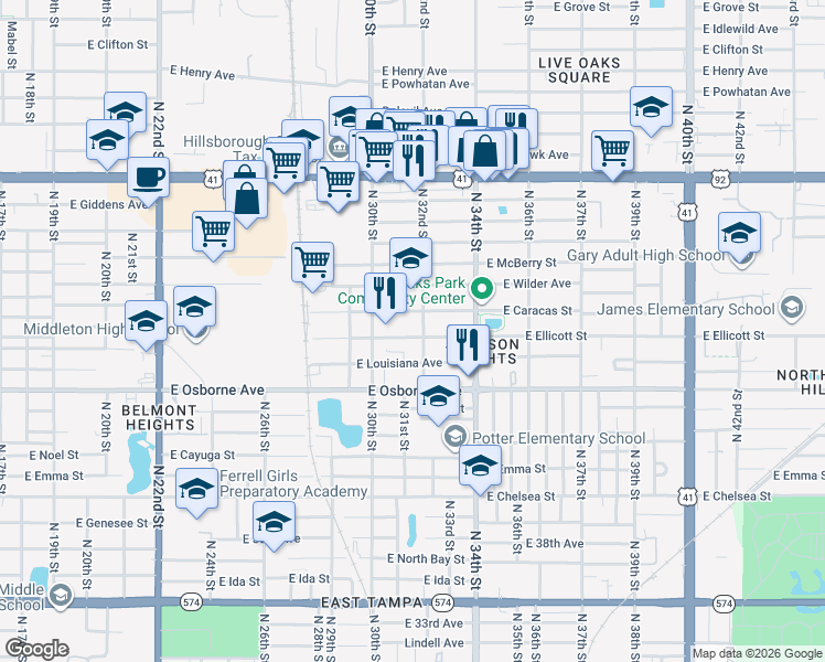 map of restaurants, bars, coffee shops, grocery stores, and more near 3104 East Caracas Street in Tampa