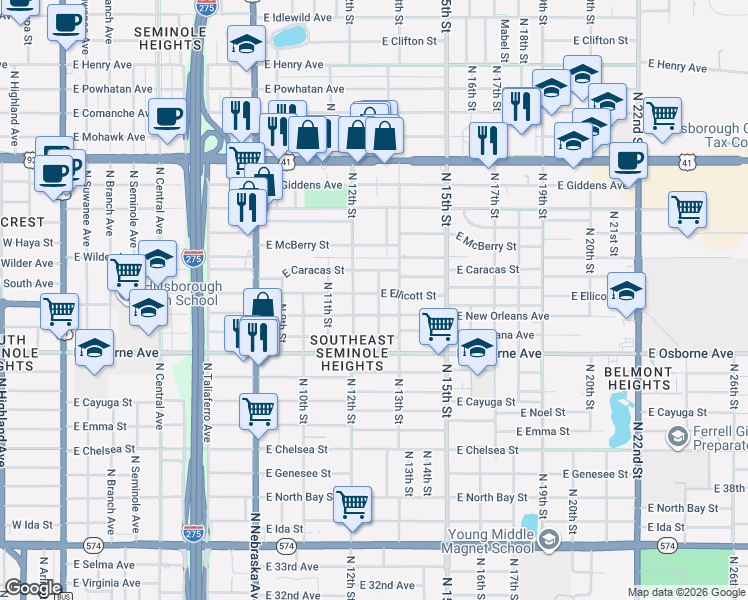 map of restaurants, bars, coffee shops, grocery stores, and more near 1210 East Ellicott Street in Tampa