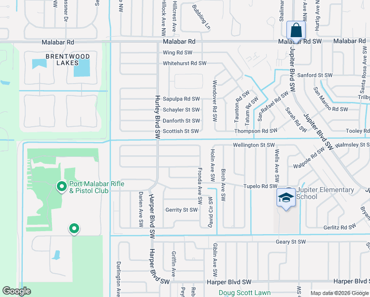 map of restaurants, bars, coffee shops, grocery stores, and more near 1227 Waterway Street Southwest in Palm Bay