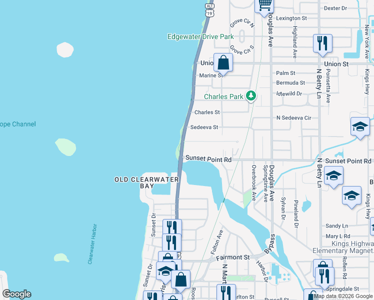 map of restaurants, bars, coffee shops, grocery stores, and more near 1020 Sunset Point Road in Clearwater