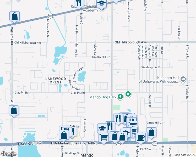 map of restaurants, bars, coffee shops, grocery stores, and more near 11512 Valencia Drive in Seffner
