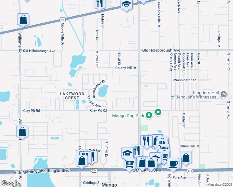 map of restaurants, bars, coffee shops, grocery stores, and more near 11512 Valencia Drive in Seffner