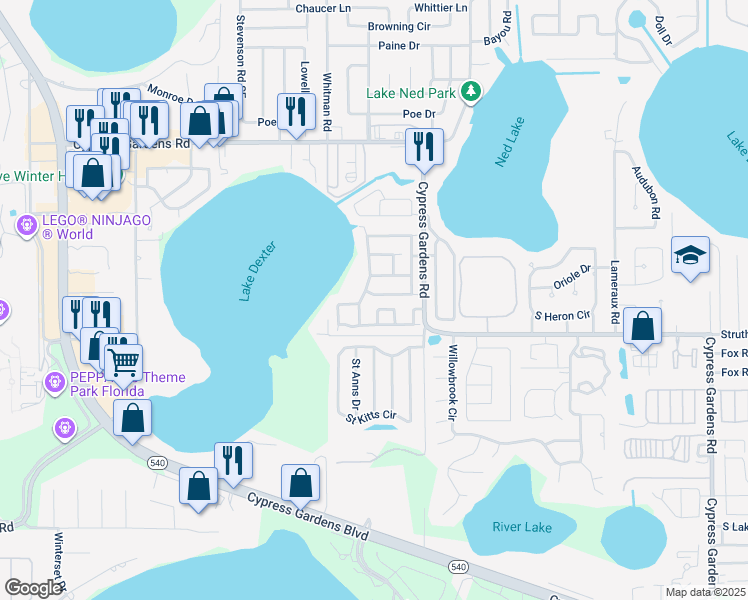 map of restaurants, bars, coffee shops, grocery stores, and more near 4179 Pirates Landing in Winter Haven