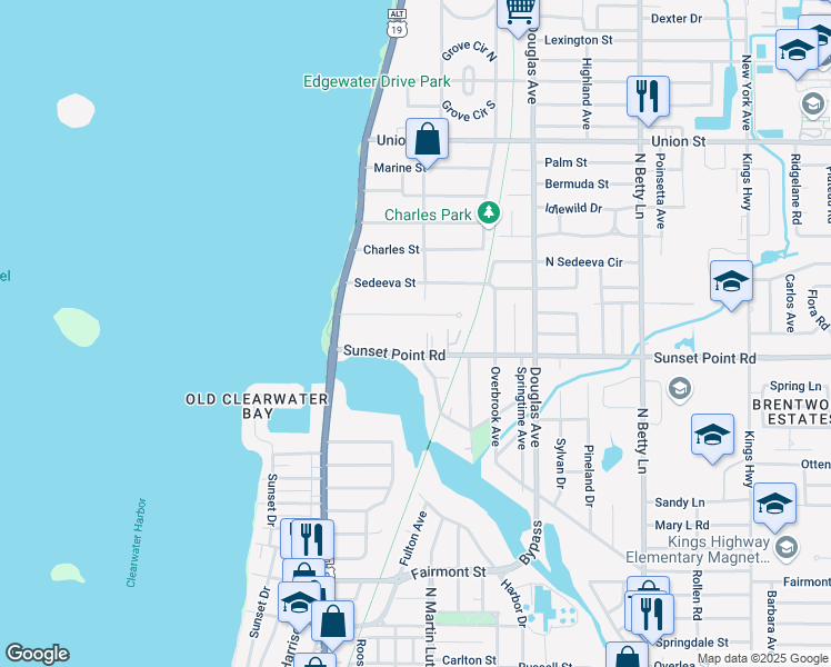 map of restaurants, bars, coffee shops, grocery stores, and more near 1066 Sunset Point Road in Clearwater