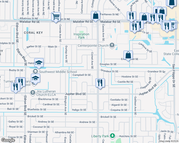 map of restaurants, bars, coffee shops, grocery stores, and more near 808 Grandeur Street Southeast in Palm Bay