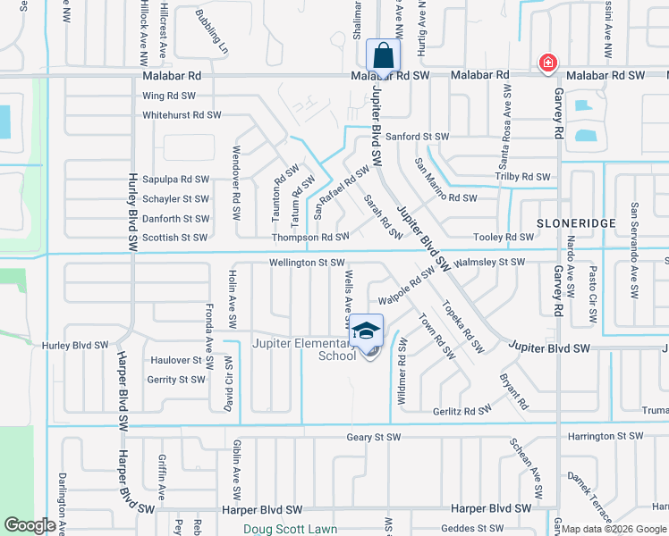 map of restaurants, bars, coffee shops, grocery stores, and more near 961 Wellington Street Southwest in Palm Bay