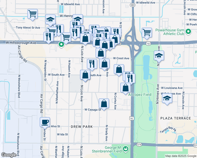 map of restaurants, bars, coffee shops, grocery stores, and more near 4010 West South Avenue in Tampa