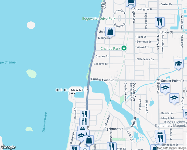 map of restaurants, bars, coffee shops, grocery stores, and more near 1925 Edgewater Drive in Clearwater