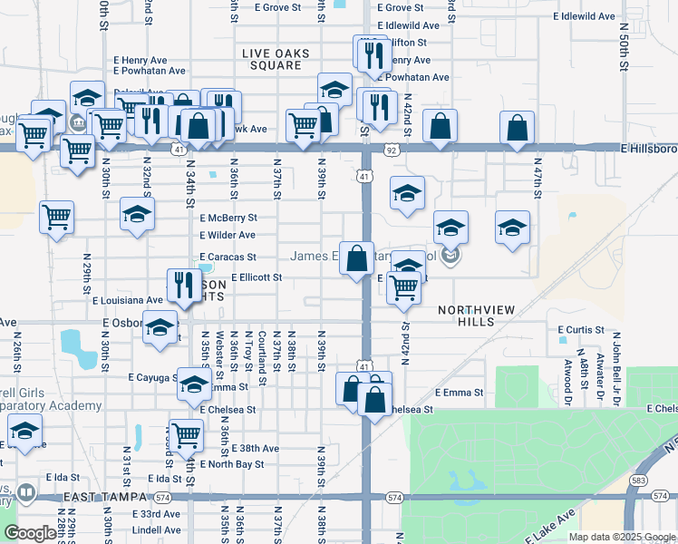 map of restaurants, bars, coffee shops, grocery stores, and more near 5011 North 39th Street in Tampa