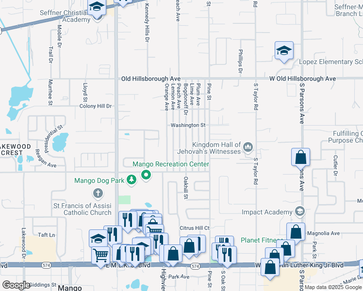 map of restaurants, bars, coffee shops, grocery stores, and more near 5225 Peach Avenue in Seffner