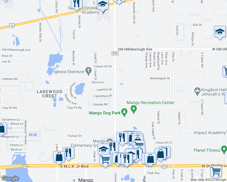map of restaurants, bars, coffee shops, grocery stores, and more near 11613 Valencia Drive in Seffner