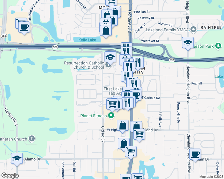 map of restaurants, bars, coffee shops, grocery stores, and more near 4035 South Wellington Drive in Lakeland