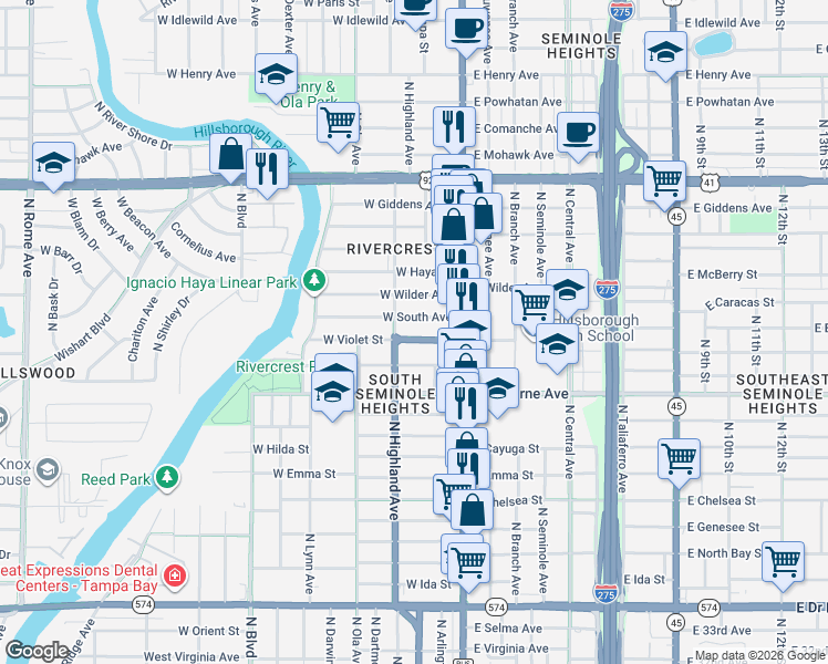 map of restaurants, bars, coffee shops, grocery stores, and more near 207 West South Avenue in Tampa