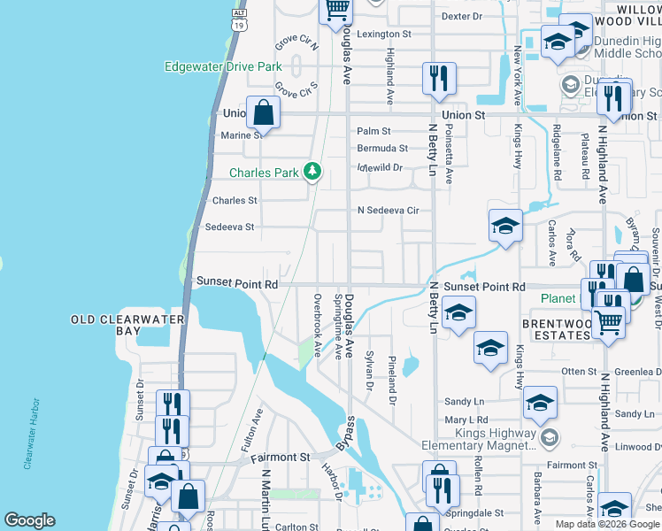 map of restaurants, bars, coffee shops, grocery stores, and more near 1934 Douglas Avenue in Clearwater