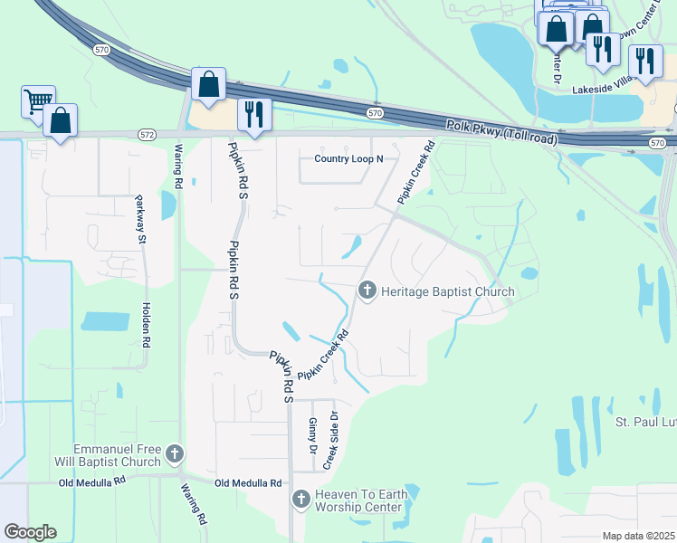 map of restaurants, bars, coffee shops, grocery stores, and more near 2204 Sugar Creek Drive West in Lakeland