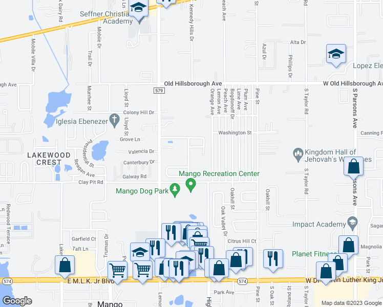 map of restaurants, bars, coffee shops, grocery stores, and more near 5233 Mango Fruit Street in Seffner