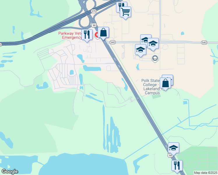 map of restaurants, bars, coffee shops, grocery stores, and more near 4053 Shadetree Lane in Lakeland