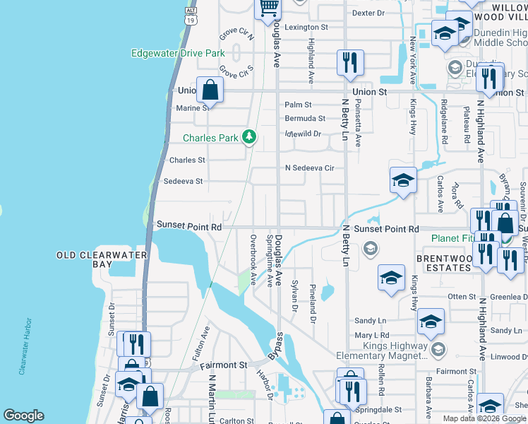 map of restaurants, bars, coffee shops, grocery stores, and more near 1934 Douglas Avenue in Clearwater