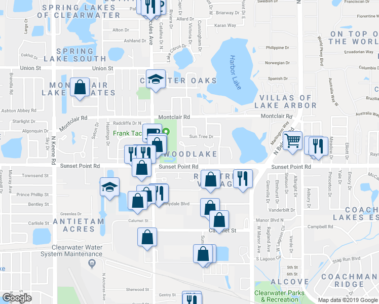 map of restaurants, bars, coffee shops, grocery stores, and more near 2059 Sun Tree Drive in Clearwater