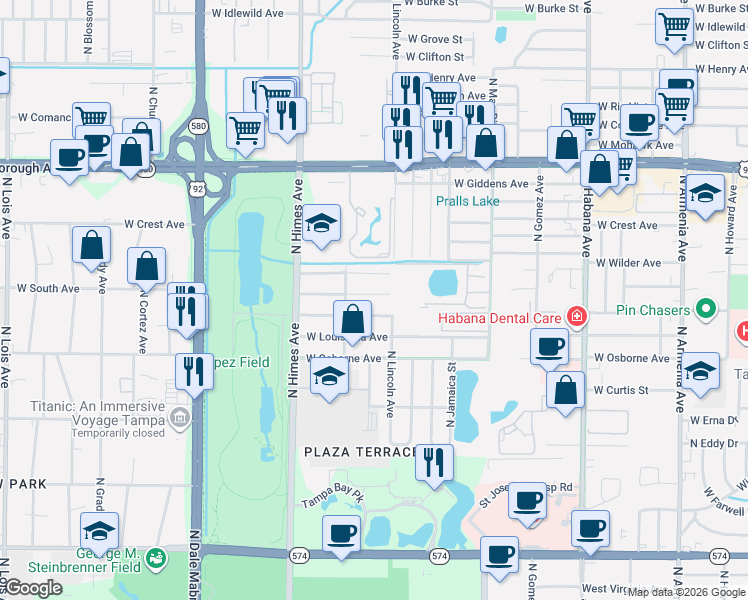 map of restaurants, bars, coffee shops, grocery stores, and more near 3315 West Ellicott Street in Tampa