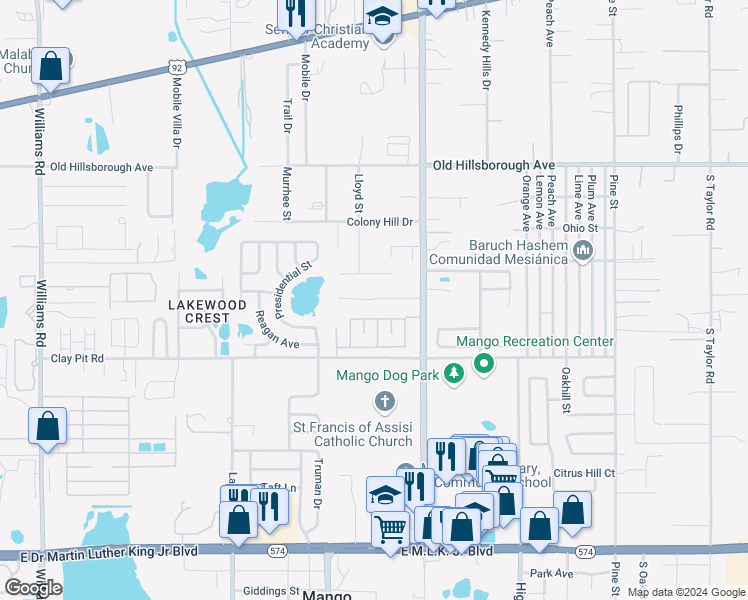 map of restaurants, bars, coffee shops, grocery stores, and more near 11515A Valencia Drive in Seffner