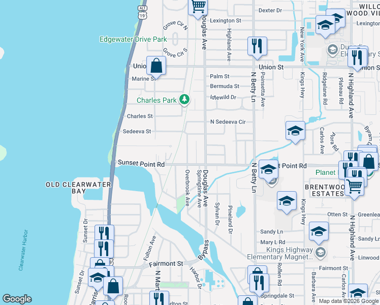 map of restaurants, bars, coffee shops, grocery stores, and more near 1921 Overbrook Avenue in Clearwater