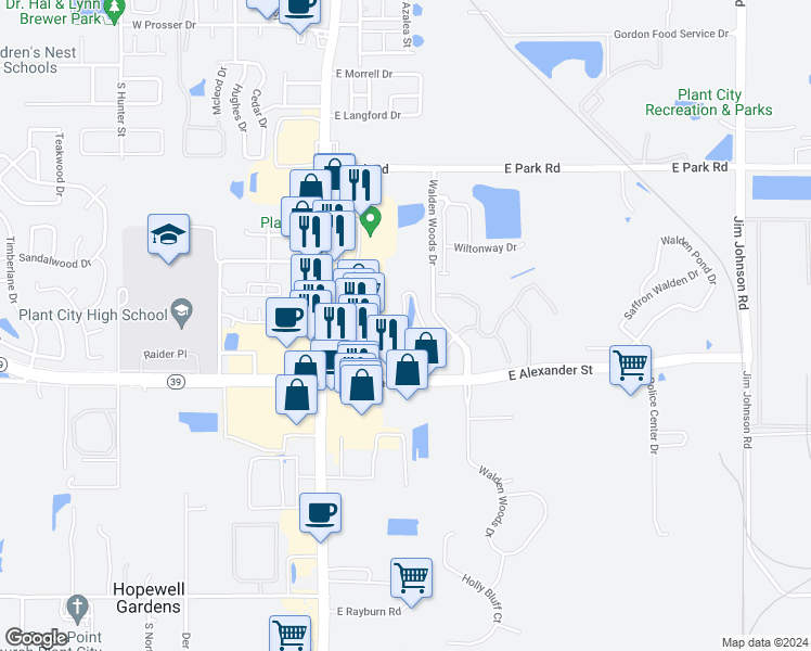 map of restaurants, bars, coffee shops, grocery stores, and more near 2128 James L Redman Parkway in Plant City