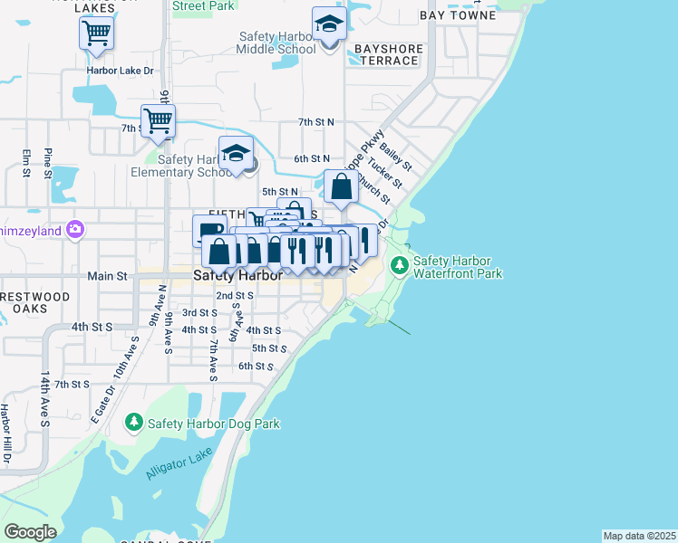 map of restaurants, bars, coffee shops, grocery stores, and more near 101 2nd Avenue North in Safety Harbor