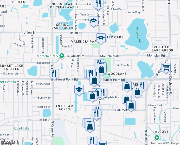 map of restaurants, bars, coffee shops, grocery stores, and more near 1980 Sunset Point Road in Clearwater