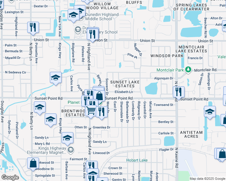 map of restaurants, bars, coffee shops, grocery stores, and more near 1561 Picardy Circle in Clearwater