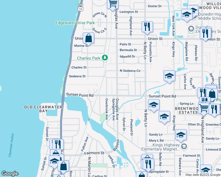 map of restaurants, bars, coffee shops, grocery stores, and more near 1936 Overbrook Avenue in Clearwater