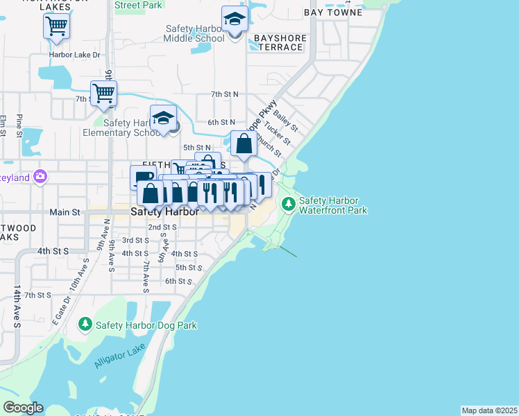 map of restaurants, bars, coffee shops, grocery stores, and more near 105 North Bayshore Drive in Safety Harbor