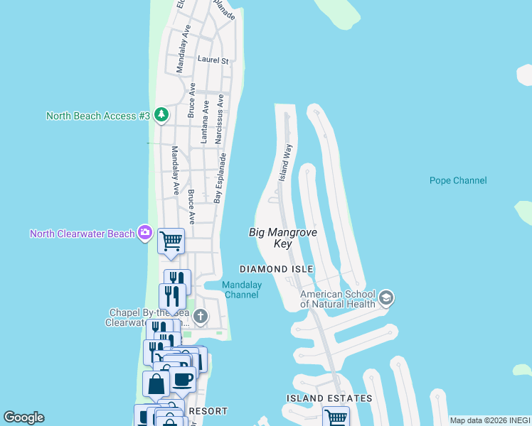 map of restaurants, bars, coffee shops, grocery stores, and more near 736 Island Way in Clearwater