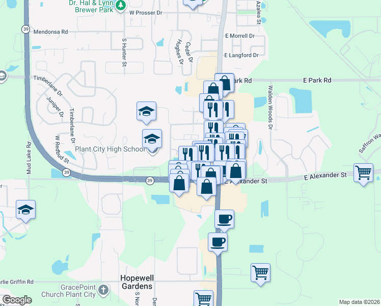 map of restaurants, bars, coffee shops, grocery stores, and more near 2302 South Maki Road in Plant City