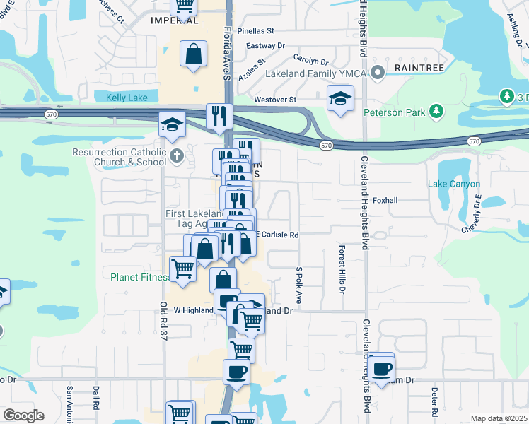 map of restaurants, bars, coffee shops, grocery stores, and more near 4021 South Carlisle Road in Lakeland