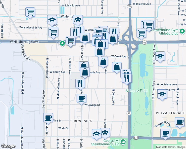 map of restaurants, bars, coffee shops, grocery stores, and more near 4029 West South Avenue in Tampa