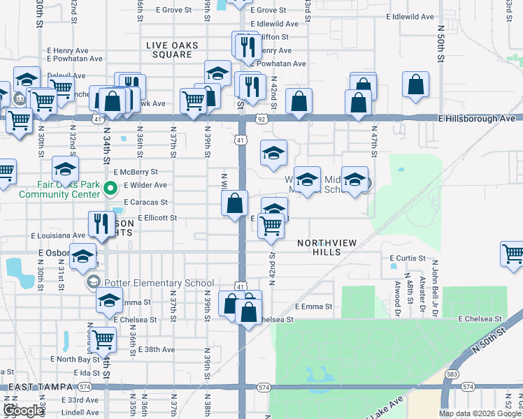 map of restaurants, bars, coffee shops, grocery stores, and more near 4104 East Ellicott Street in Tampa