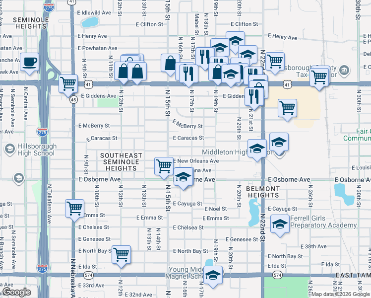 map of restaurants, bars, coffee shops, grocery stores, and more near 1518 East Ellicott Street in Tampa