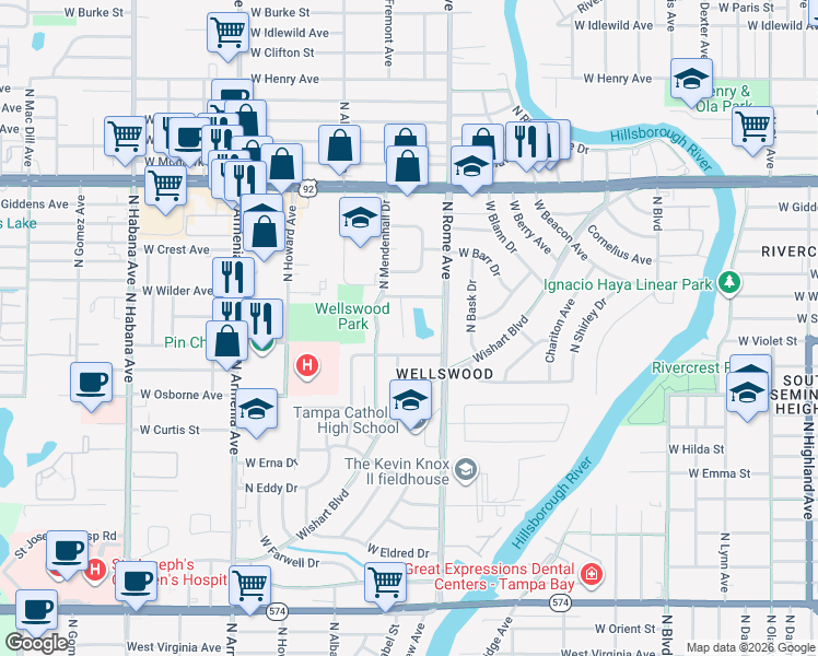 map of restaurants, bars, coffee shops, grocery stores, and more near 4913 North Darby Avenue in Tampa