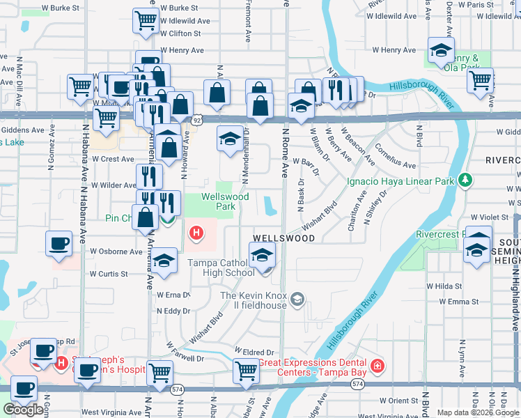 map of restaurants, bars, coffee shops, grocery stores, and more near 4913 North Darby Avenue in Tampa