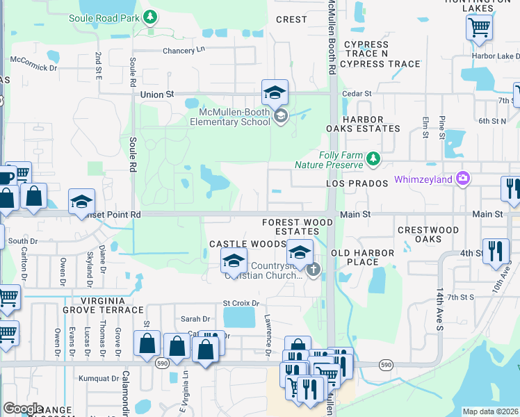 map of restaurants, bars, coffee shops, grocery stores, and more near 1937 Oakridge Court in Clearwater