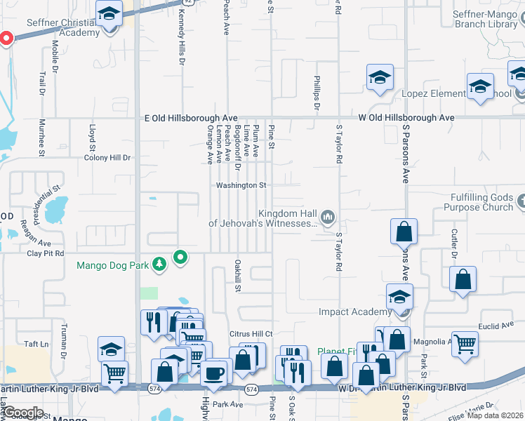 map of restaurants, bars, coffee shops, grocery stores, and more near 5230 Pine Street in Seffner