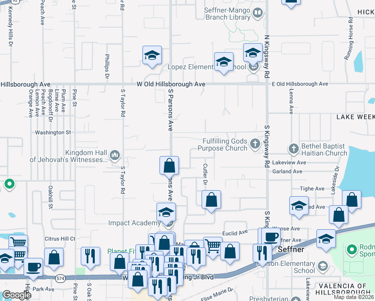 map of restaurants, bars, coffee shops, grocery stores, and more near 806 Chadsworth Avenue in Seffner