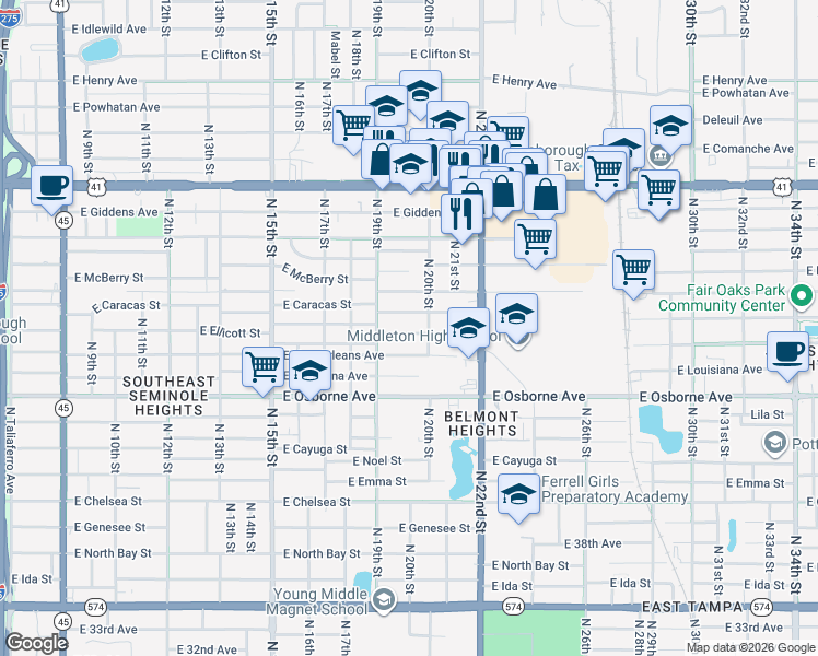 map of restaurants, bars, coffee shops, grocery stores, and more near 2000 East Ellicott Street in Tampa