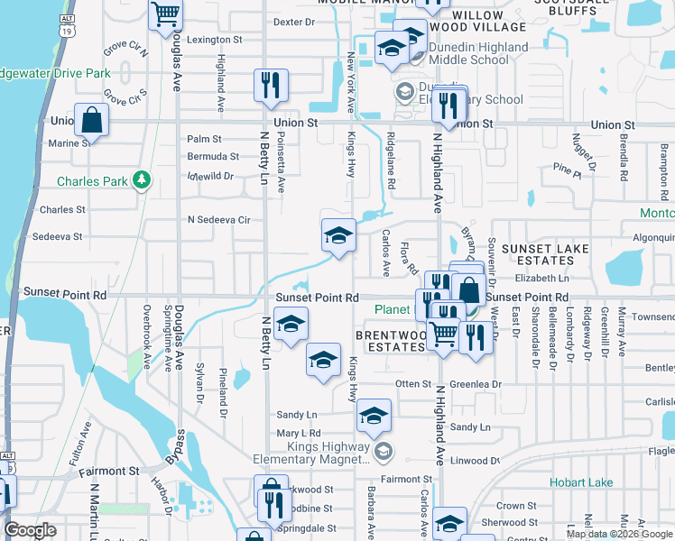 map of restaurants, bars, coffee shops, grocery stores, and more near 1390 Sunset Point Road in Clearwater