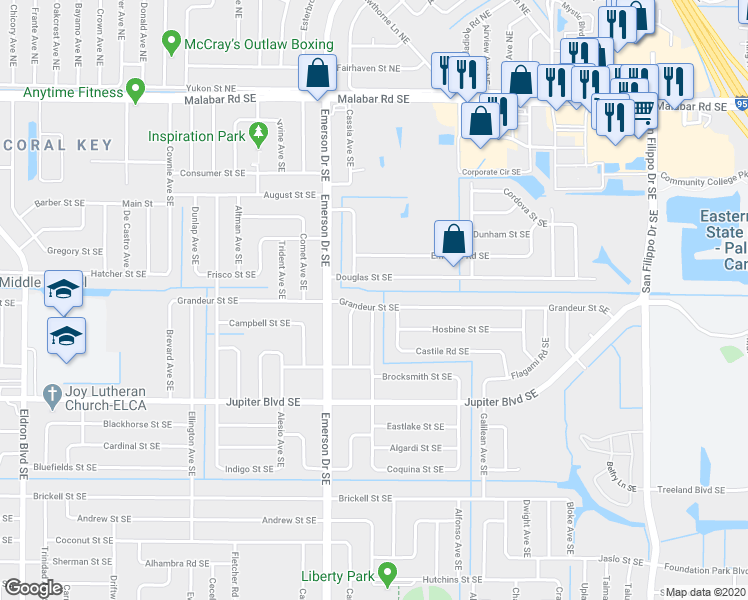 map of restaurants, bars, coffee shops, grocery stores, and more near 901 Grandeur Street Southeast in Palm Bay