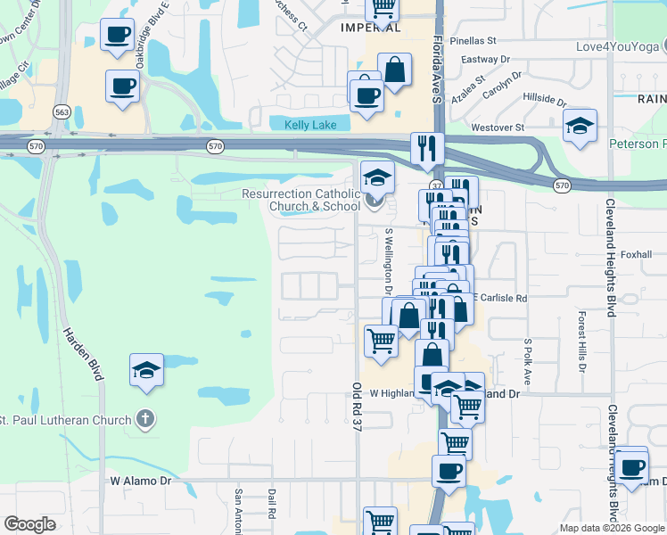 map of restaurants, bars, coffee shops, grocery stores, and more near 602 Lark Drive in Lakeland